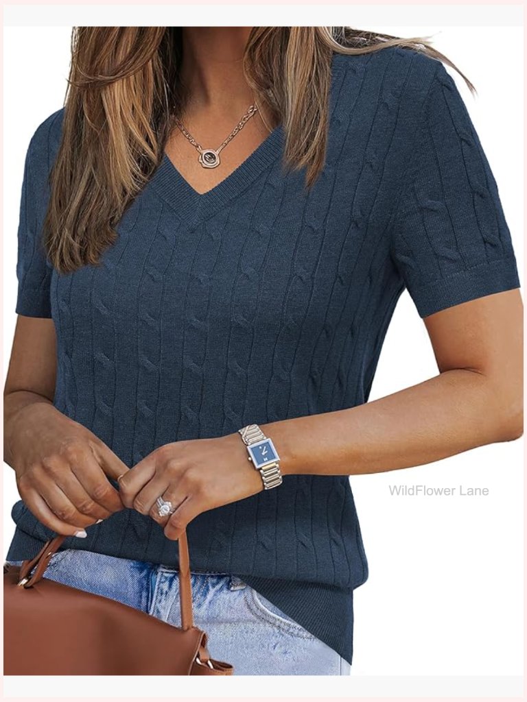 V Neck Short Sleeve Pullover Sweater - Wool Blend Soft Lightweight